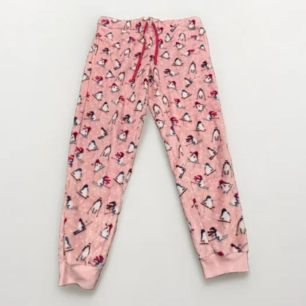 Joyspun Women's Large (12-14) Pink Skiing Penguin Plush Fleece Pajama Pants Jogg